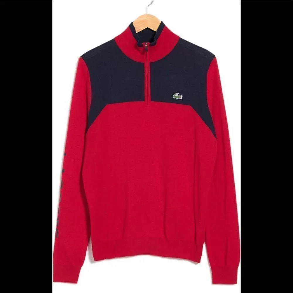 Lacoste Men’s 1/4 zip colorblock wool yoke pullover zip up sweater in red Sz XXL